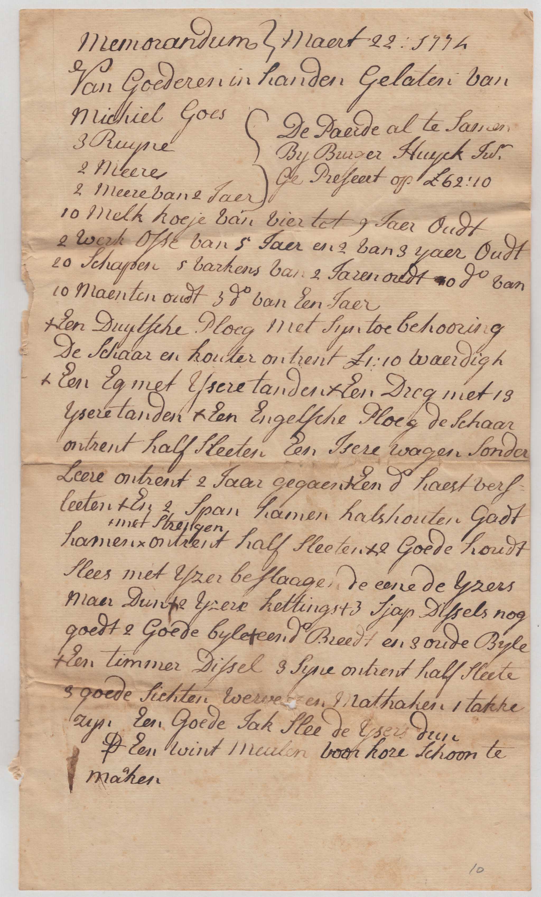 BH102, 1774-03-22 Memorandum, Farm Inventory and Transactions, Elizabeth Huyck Transferring Farm Management to Michael Goes